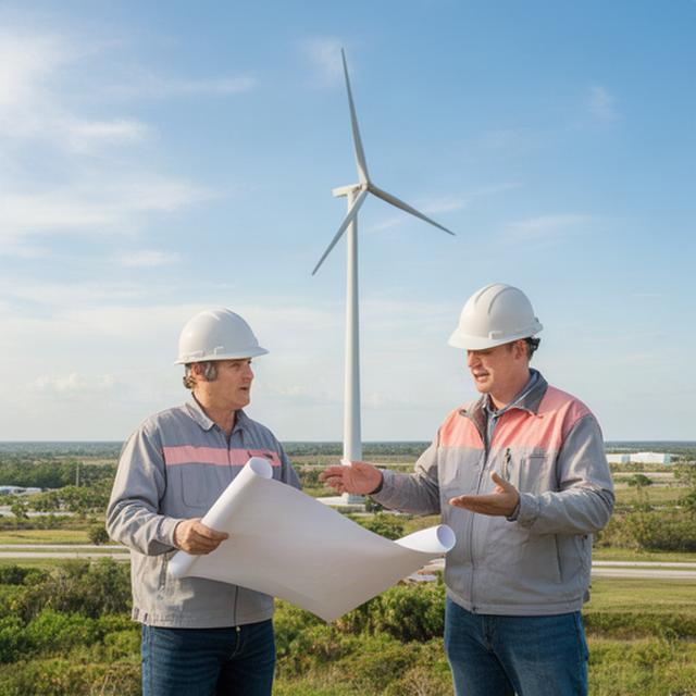 Wind energy engineers reviewing turbine plans beside a Florida turbine site