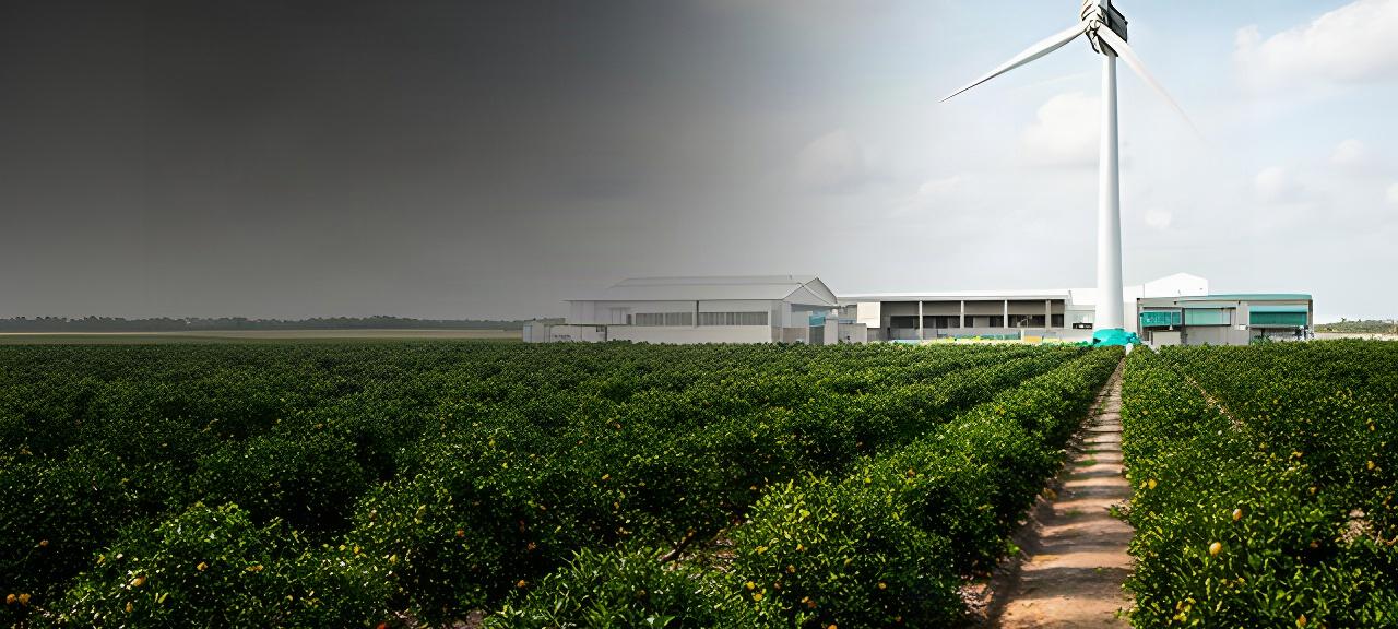 Florida citrus farm with a wind turbine beyond irrigated rows and a rural packing facility