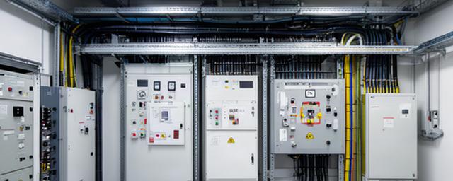 Hospital electrical room with transfer equipment and organised backup power cabling