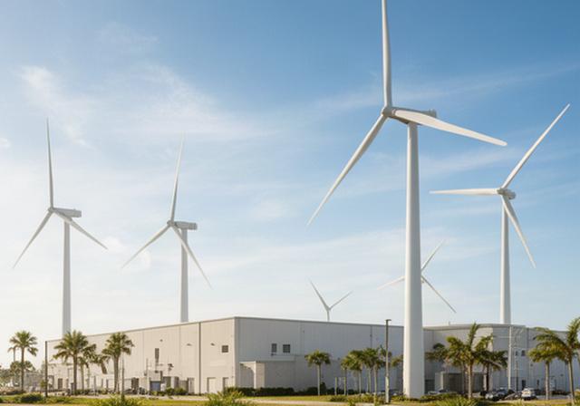 Wind turbines beside a Florida commercial facility under a bright coastal sky
