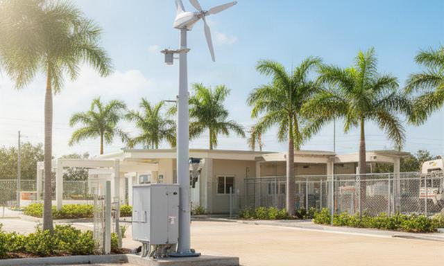 Compact wind installation on a Florida municipal services site with palms in the background