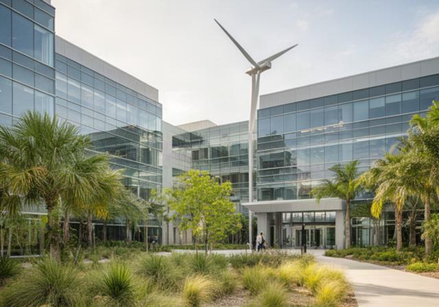 Corporate office campus in Davie with a wind turbine, native planting, and glass-fronted buildings