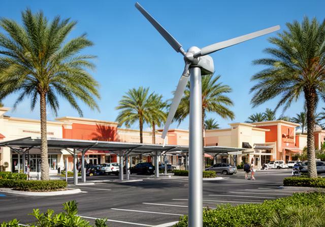 Small wind turbine beside a Florida retail plaza with shaded parking and storefronts